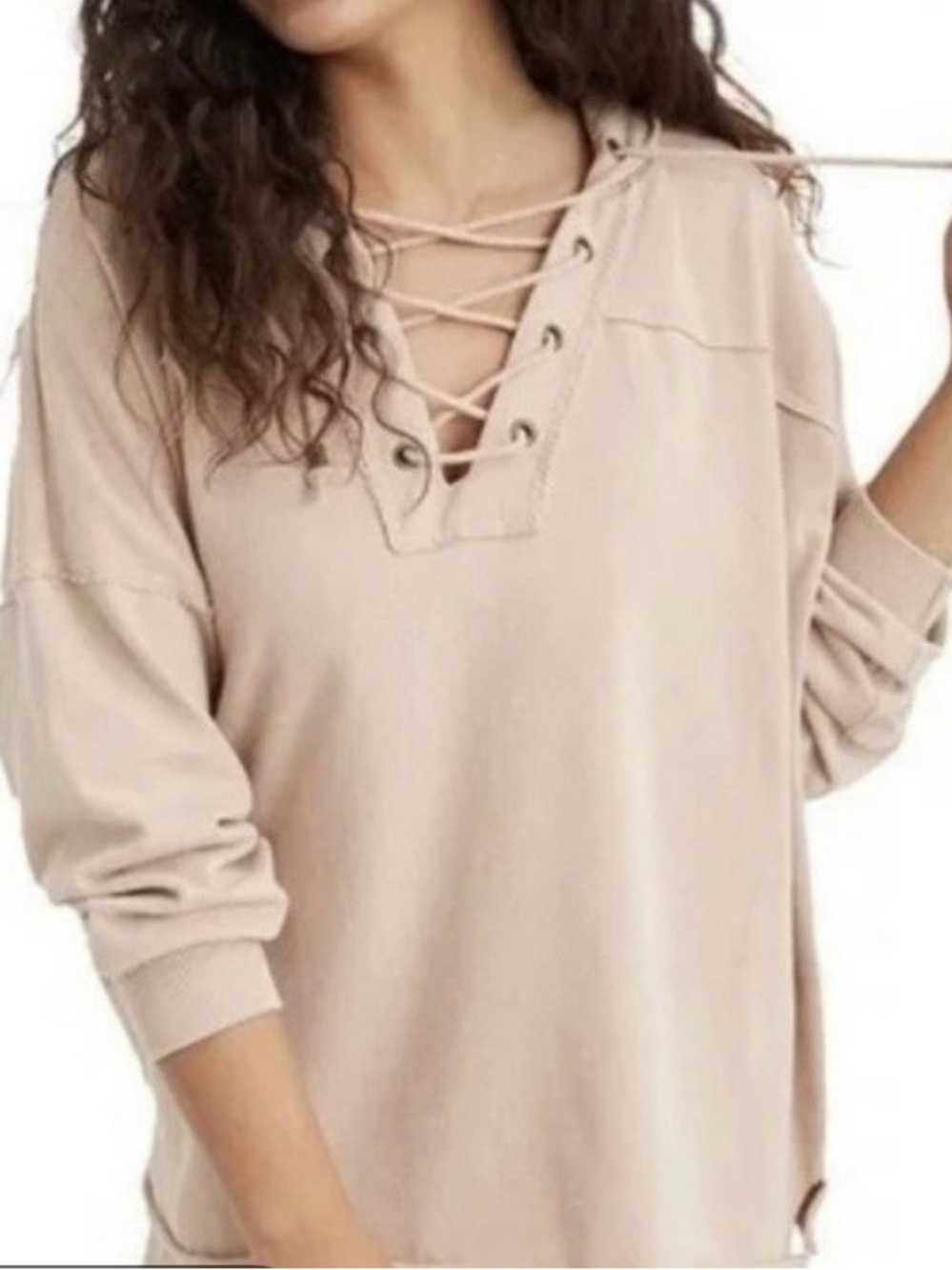NWT aerie Lace-Up Pullover Hoodie in Neutral Beige
